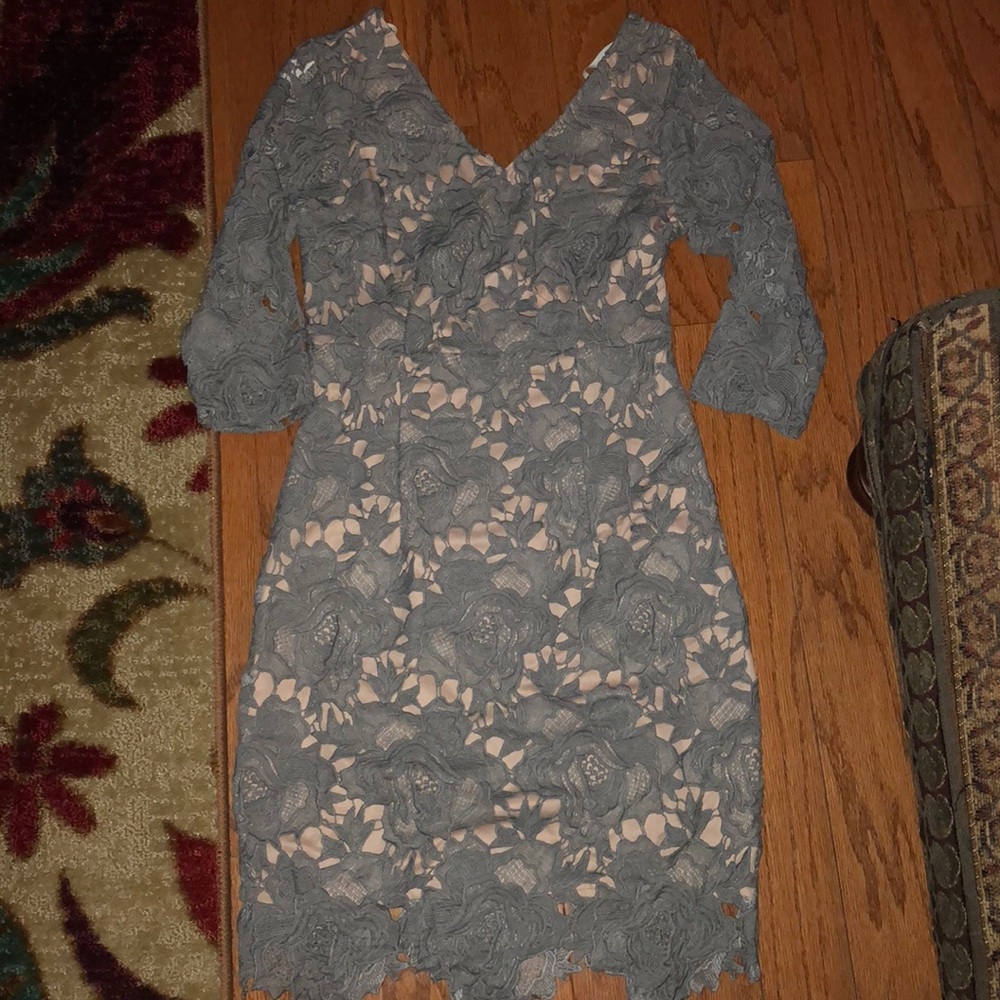 Gorgeous gray lace dress over nude overlay